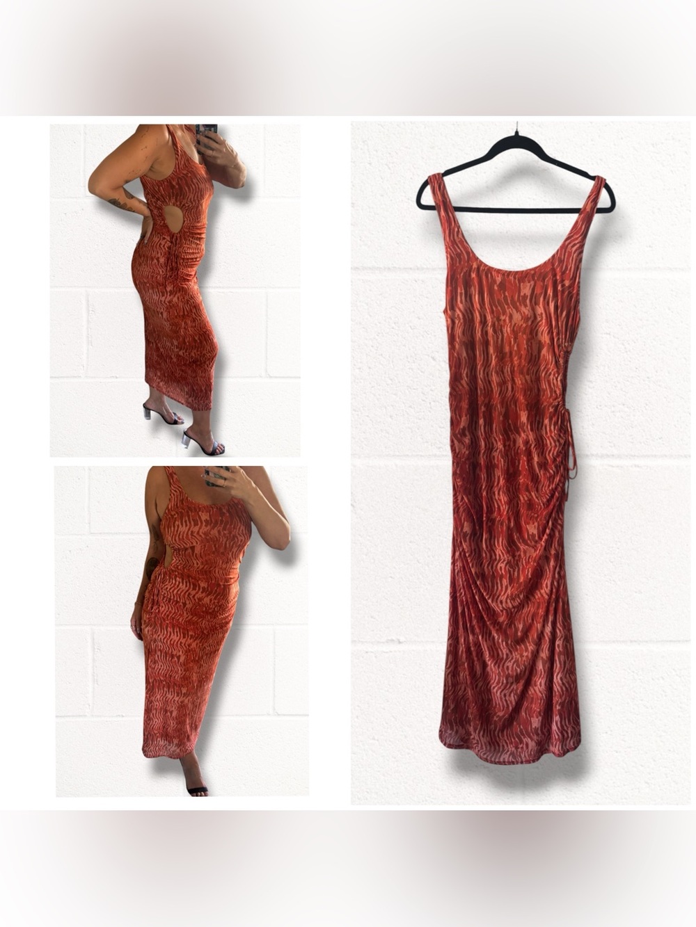 House of Harlow 1960 Rust Wave-Print Mesh Maxi Dress with Side Cutout, Large